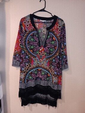 John Mark Multicolor Mosaic Tunic with Black Fringe Sz L